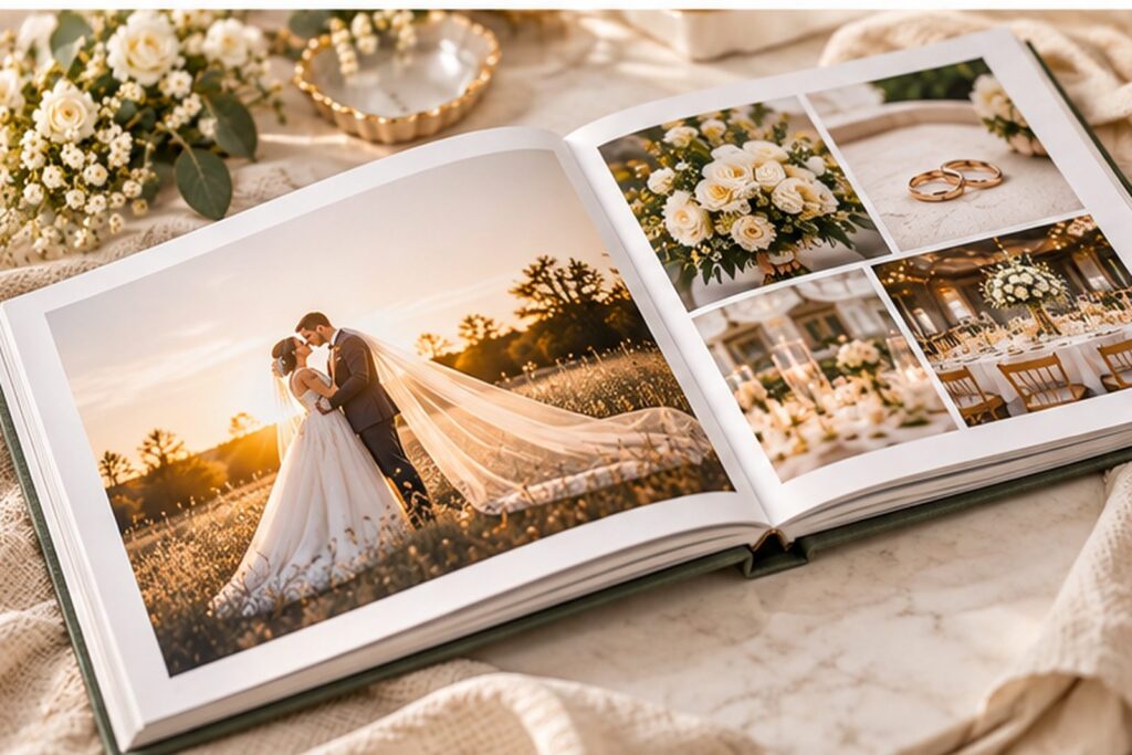 An open wedding photobook resting on a table, displaying elegant photos of a bride and groom in a field, a floral centrepiece, wedding rings, and a reception table.