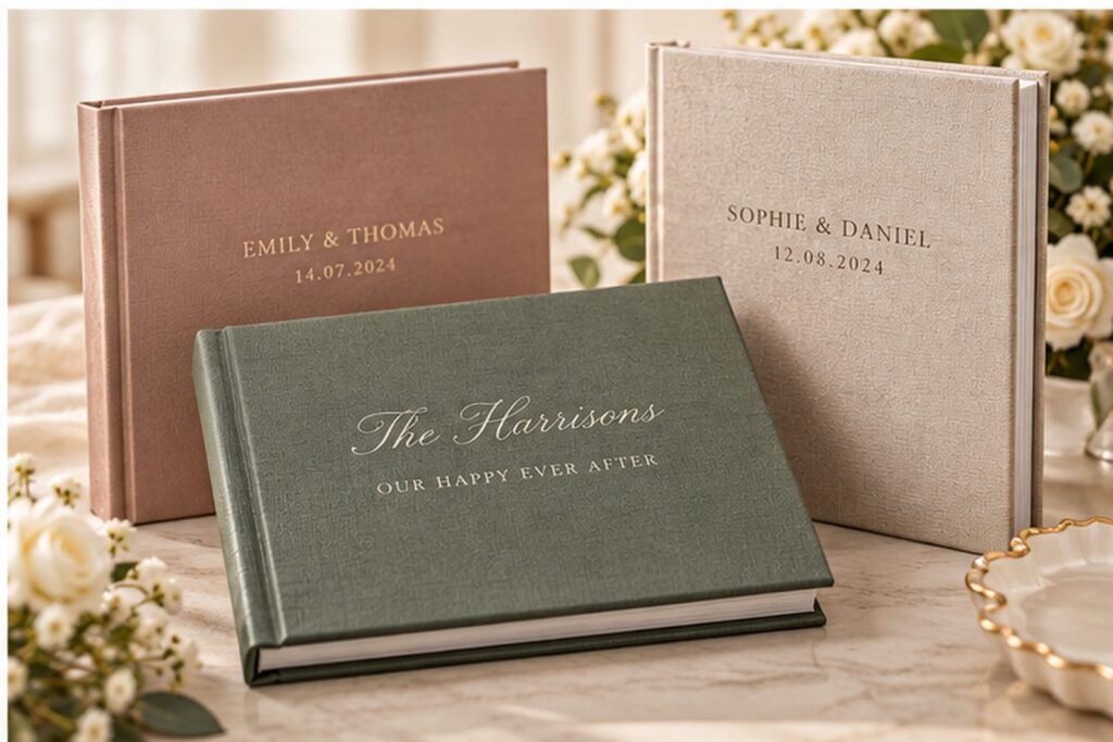 Three beautifully personalised photobooks on a table, each featuring names such as Emily & Thomas, Sophie & Daniel, and The Harrisons alongside dates and custom text.