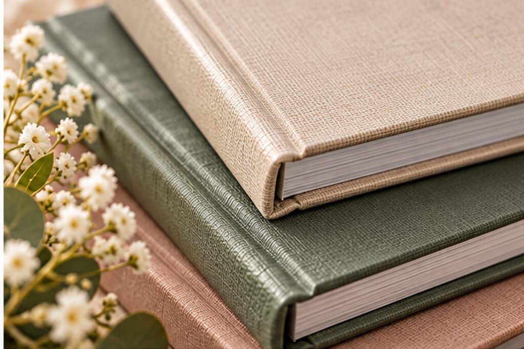 A stack of three photo albums with premium covers and beautiful finishes in beige, green, and pink, decorated with small white flowers.