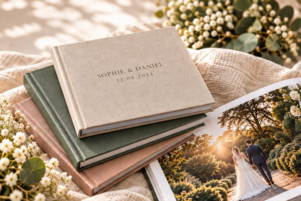 A stack of three wedding albums with the top beige cover embossed Sophie & Daniel rests next to an open album showing a bride and groom walking outdoors at sunset.